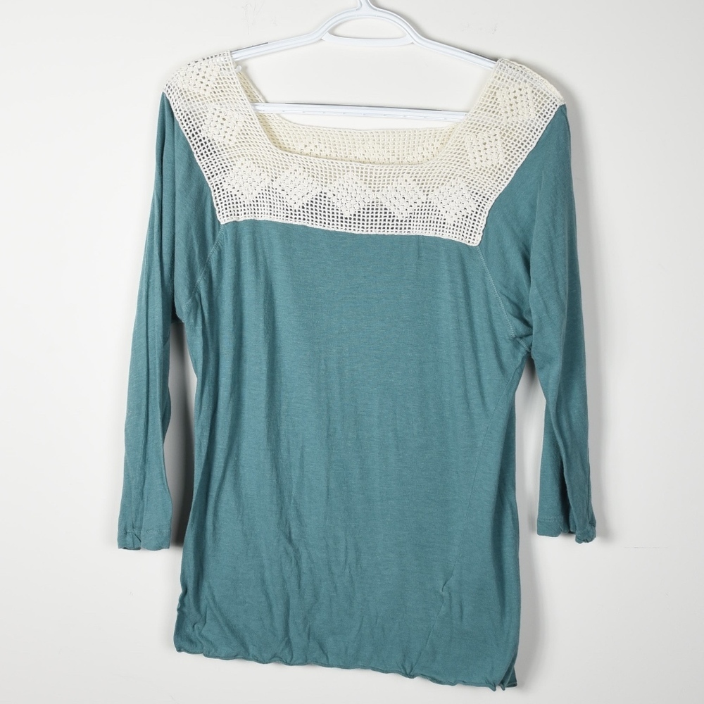 Anthropologie Teal Blue Crochet Knit 3/4 Top XS
